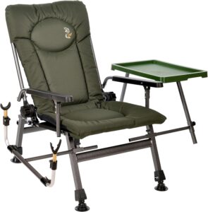 Chaise de pêche Deluxe pour la pêche à la carpe avec hauteur supplémentaire et support pour canne à pêche